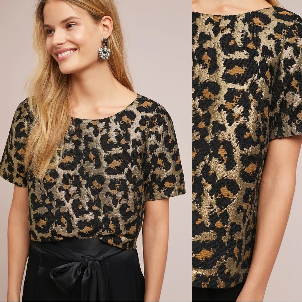 Hutch • Anthro Leopard Top metallic brocade gold black boxy bow neck - Picture 3 of 10